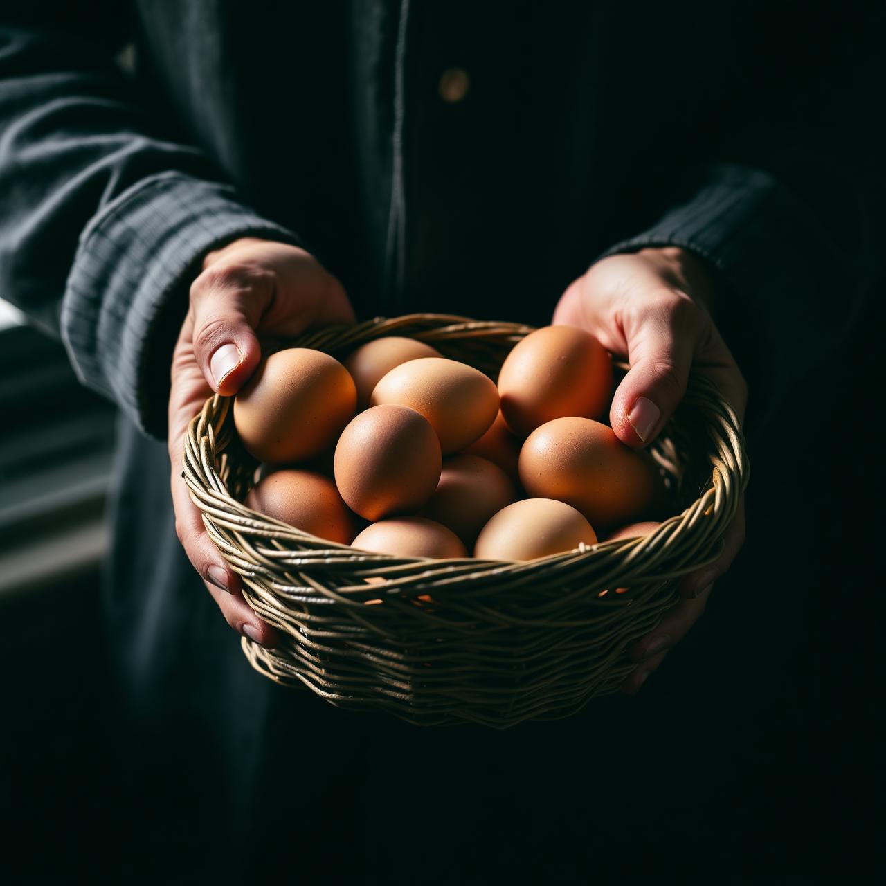 A farmer's hands holding a basket of freshly gathered organic eggs