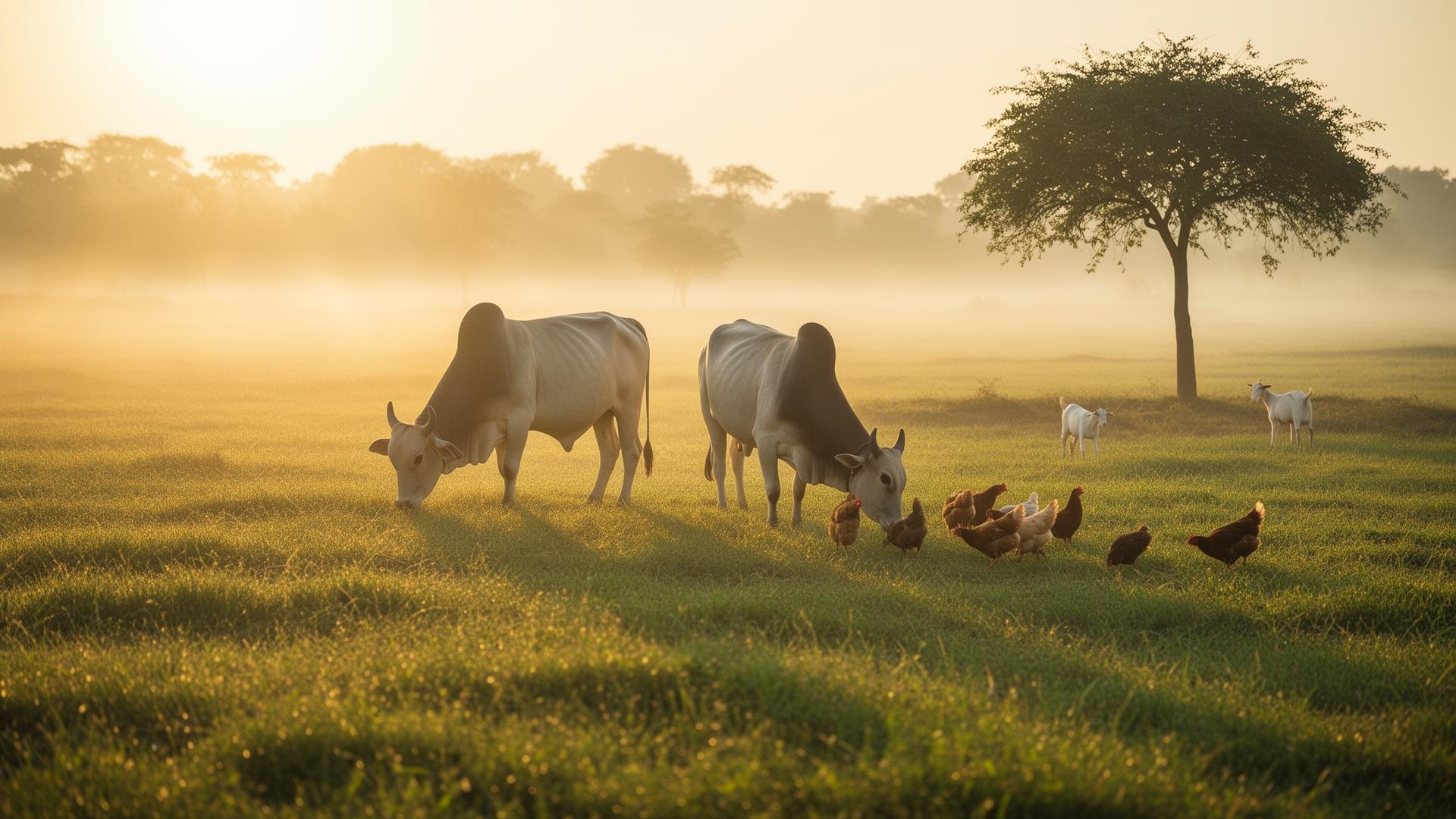 Sun-drenched Maharashtra organic farm at golden hour with grazing cows and free-range hens